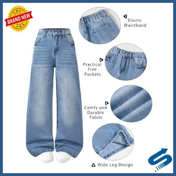 Girls Wide Leg Denim Pants High Waist Baggy Y2K Streetwear 12-16Y - Picture 7 of 8